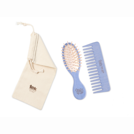 Tek Purse Kit: Small Oval Light-Blue Brush and Comb with Cotton Pouch